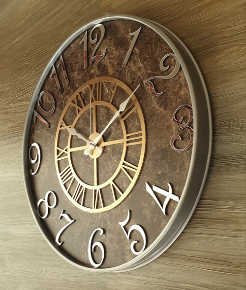 Metal Kasalı Mermer Desenli Aynalı Ve Altın (Gold) Renkli Duvar Saati Çap 50 Cm