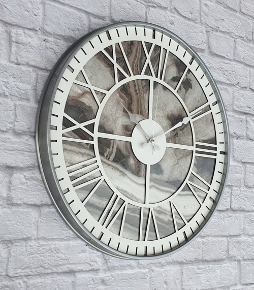 Metal Kasalı Mermer Desenli Beyaz Renkli Duvar Saati Çap 50 Cm
