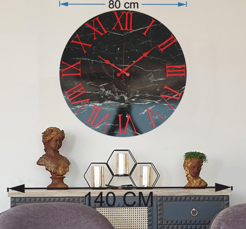 Mermer Desenli Kırmızı Renkli Duvar Saati Çap 80 Cm