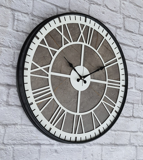 Metal Kasalı Mermer Desenli Beyaz Renkli Duvar Saati Çap 50 Cm