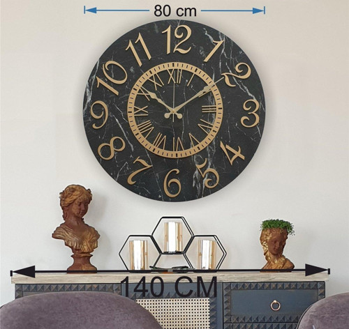 Mermer Desenli Altın (Gold) Renkli Duvar Saati Çap 80Cm