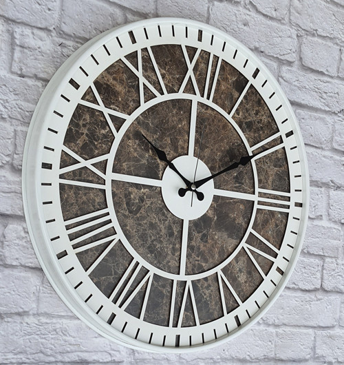 Metal Kasalı Mermer Desenli Beyaz Renkli Duvar Saati Çap 50 Cm
