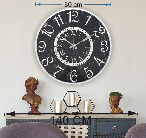 Beyaz Renk Metal Kasalı Mermer Desenli Beyaz Renkli Duvar Saati Çap 80 Cm