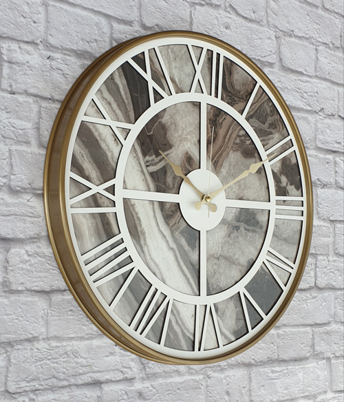 Metal Kasalı Mermer Desenli Beyaz Renkli Duvar Saati Çap 50 Cm