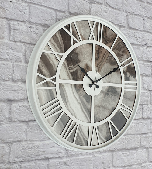 Metal Kasalı Mermer Desenli Beyaz Renkli Duvar Saati Çap 50 Cm