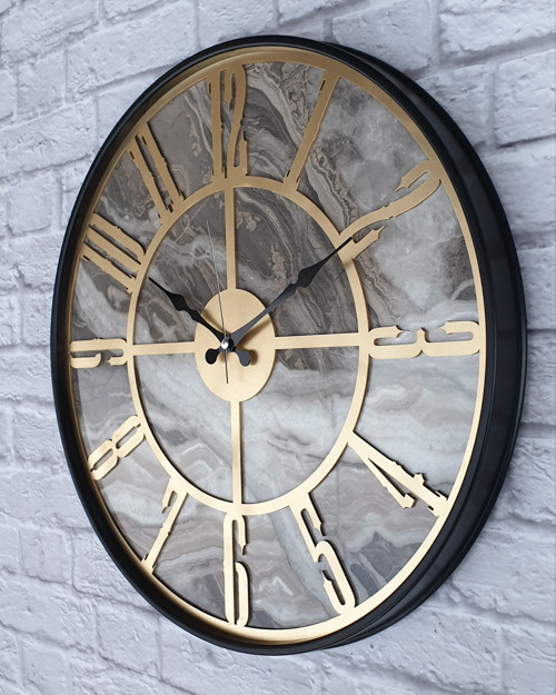 Metal Kasalı Mermer Desenli Altın(Gold) Renkli Duvar Saati Çap 50 Cm