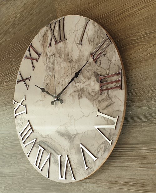 Mermer Desenli Ayna Rakamlı Duvar Saati Çap 50 Cm
