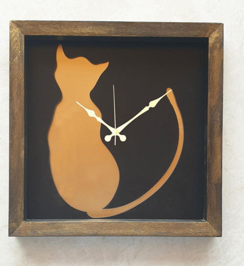Ahşap Altın(Gold) ,Siyah Kedili Kare Duvar ,Masa Saati 30X30 Cm