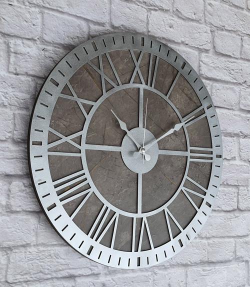Mermer Desenli Metalik Gri Renkli Duvar Saati Çap 50 Cm