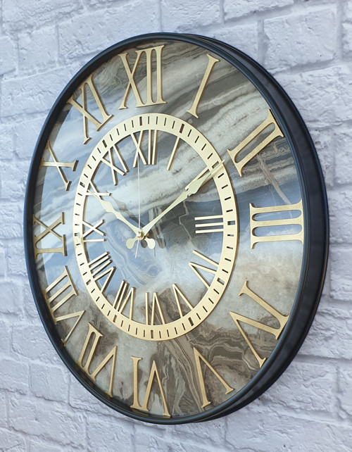 Metal Kasalı Mermer Desenli Altın(Gold) Renkli Duvar Saati 50Cm