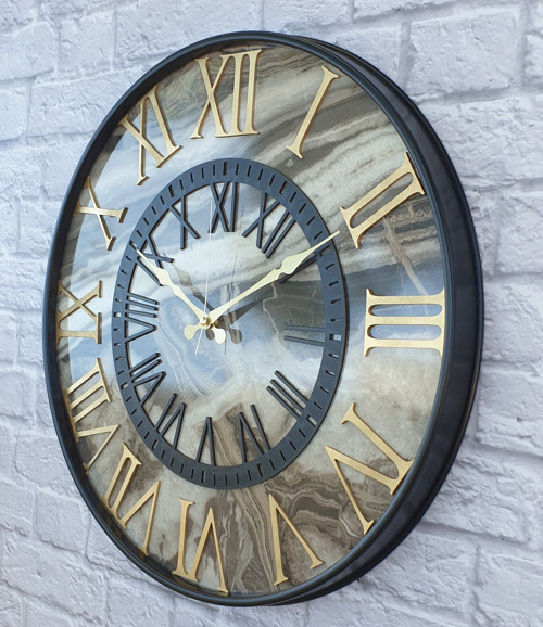 Metal Kasalı Mermer Desenli Altın(Gold) Renkli Duvar Saati 50Cm