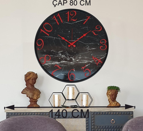 Metal Kasalı Mermer Desenli Kırmızı Renkli Duvar Saati Çap 80 Cm