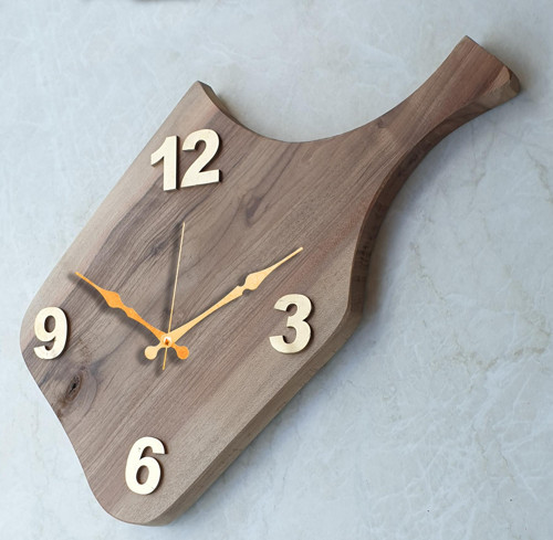 Doğal Ahşap Ceviz Kesme Tahtası, Mutfak Duvar Saati 47X26Cm