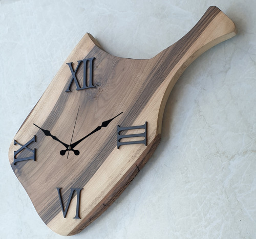 Doğal Ahşap Ceviz Kesme Tahtası, Mutfak Duvar Saati 47X26Cm