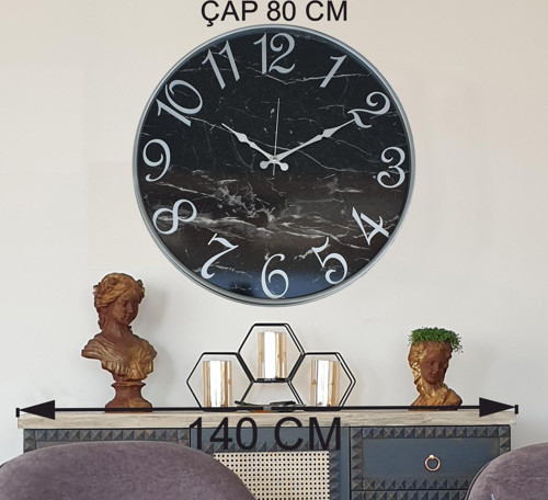 Metal Kasalı Mermer Desenli Metalik Gri Duvar Saati Çap 80 Cm