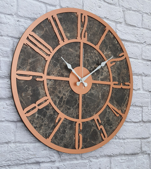 Mermer Desenli Bakır Renkli Duvar Saati Çap 50 Cm