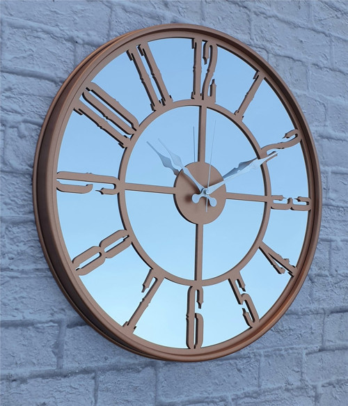 Bakır Renkli Metal Kasalı Aynalı Bakır Renkli Duvar Saati Çap 50 Cm
