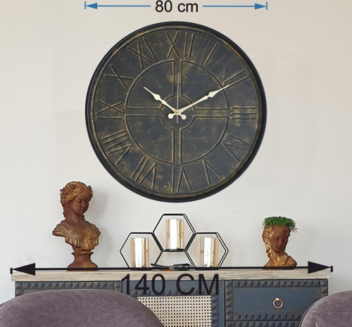 Siyah Metal Kasalı Siyah-Altın Duvar Saati 80X80Cm