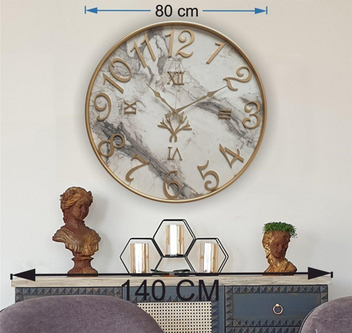 Altın (Gold) Renk Metal Kasalı Mermer Desenli Altın (Gold) Renkli Duvar Saati Çap 80 Cm