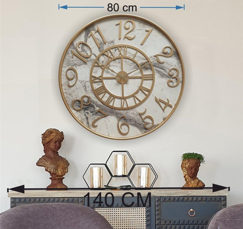 Altın (Gold) Renk Metal Kasalı Mermer Desenli Altın (Gold) Renkli Duvar Saati Çap 80 Cm