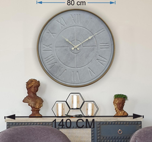 Altın Renkli Metal Kasalı Beton Renkli Duvar Saati 80X80Cm