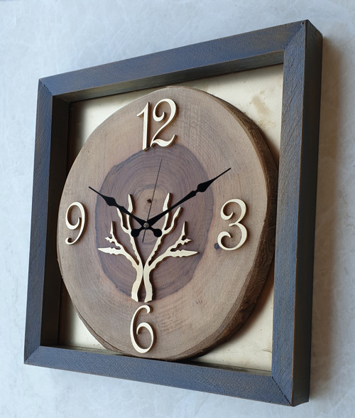 Markakanvas Doğal Masif Ahşap Ceviz Ağacı Kare Gold(Altın)Duvar , Masa Saati 30X30 Cm