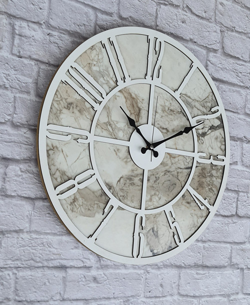 Mermer Desenli Beyaz Renkli Duvar Saati Çap 50 Cm
