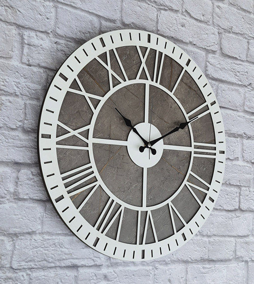 Mermer Desenli Beyaz Renkli Duvar Saati Çap 50 Cm