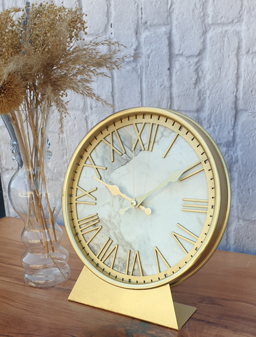 Metal Kasalı (Altın -Gold Renkli) Mermer Desenli Altın(Gold) Renkli Masa ,Konsol Saati