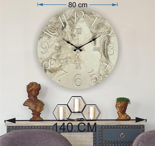 Mermer Desenli Beyaz Renkli Duvar Saati Çap 80Cm