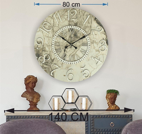 Mermer Desenli Beyaz Renkli Duvar Saati Çap 80Cm