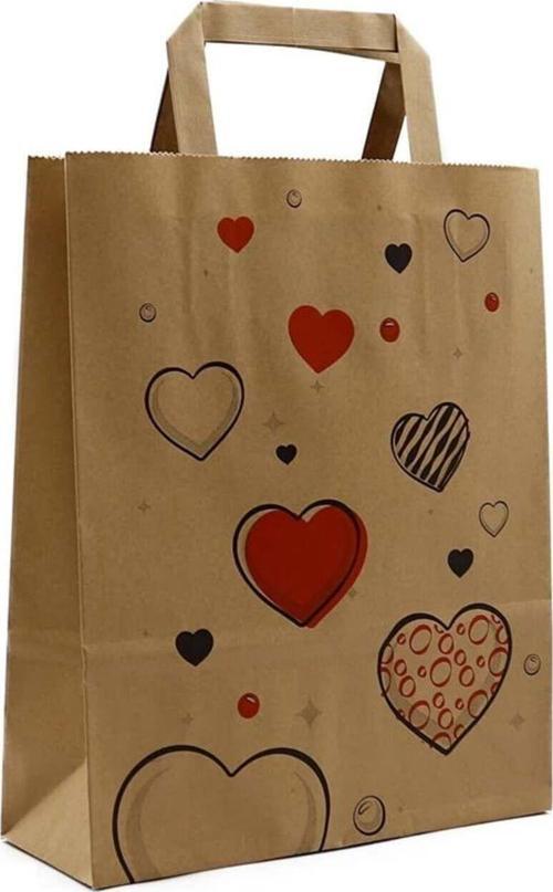 22X10X32 - 100 Adet Düz Saplı Kraft Kalpli Çanta