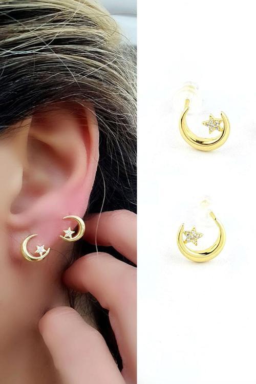925ayar Gümüş Üzerine Altın Kaplama Trend Ay Yıldız Küpe