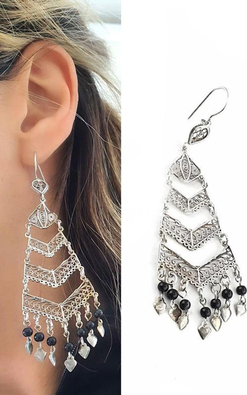 Oniks Taşlı 925ayar Gümüş Tasarım el işi bohem küpe