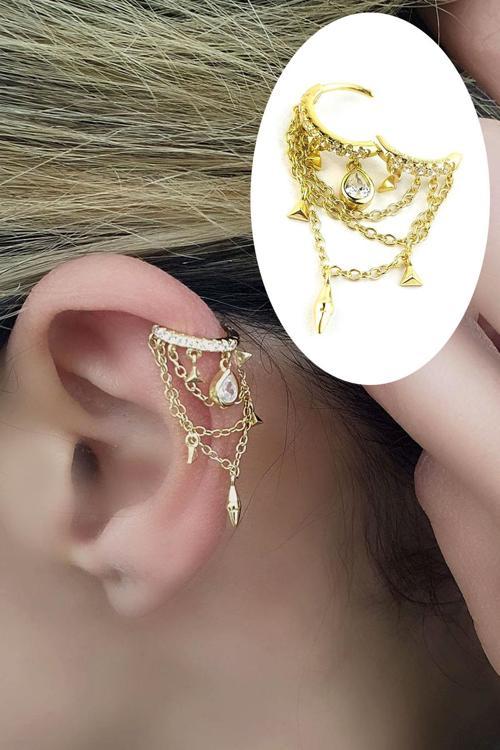 Zirkon Taş Detaylı İtalyan Tasarımı 925ayar Gümüş Üzerine Zincir Detaylı Kıkırdak Küpesi 