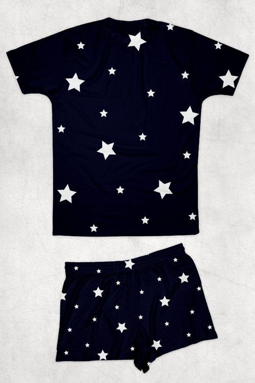 Lacivert Yıldız Desenli Baskılı Pijama Takımı T-Shirt Ve Şort Takım