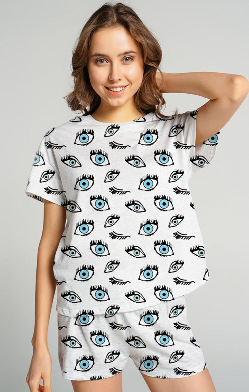 Mavi Göz Desenli Baskılı Pijama Takımı T-Shirt Ve Şort Takım
