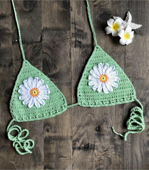 Mint Yeşili Tığ Örgü Bikini Üstü