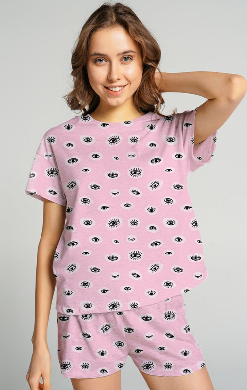 Pembe Göz Desenli Baskılı Pijama Takımı T-Shirt Ve Şort Takım