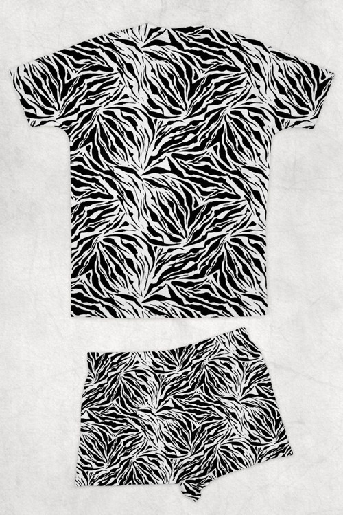 Siyah Beyaz Zebra Desenli Baskılı Pijama Takımı T-Shirt Ve Şort Takım