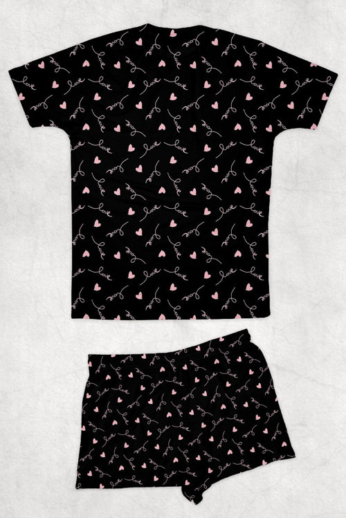 Siyah Pembe Love Yazılı Baskılı Pijama Takımı T-Shirt Ve Şort Takım