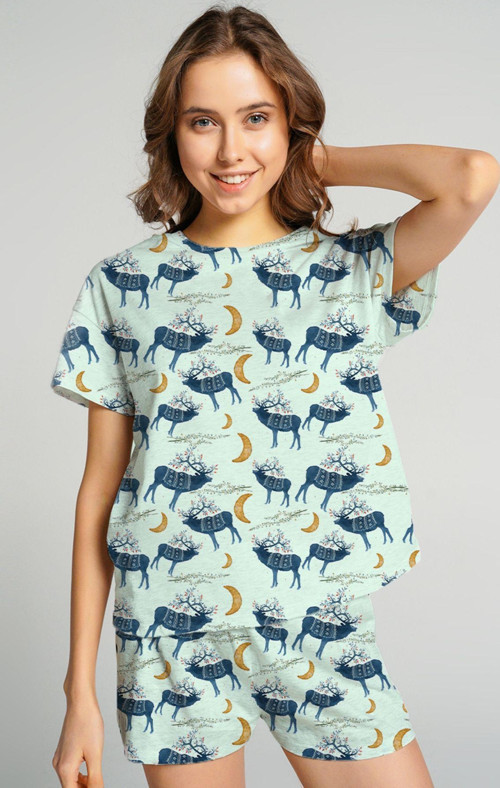Turkuaz Geyik Desenli Yılbaşı Temalı Baskılı Pijama Takımı T-Shirt Ve Şort Takım