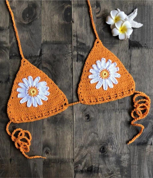 Turuncu Tığ Örgü Bikini Üstü