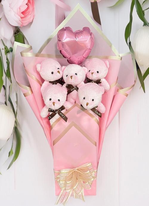 Sevgiliye Özel Pembe Konsept Balonlu Romantik Peluş Ayıcık Buketi