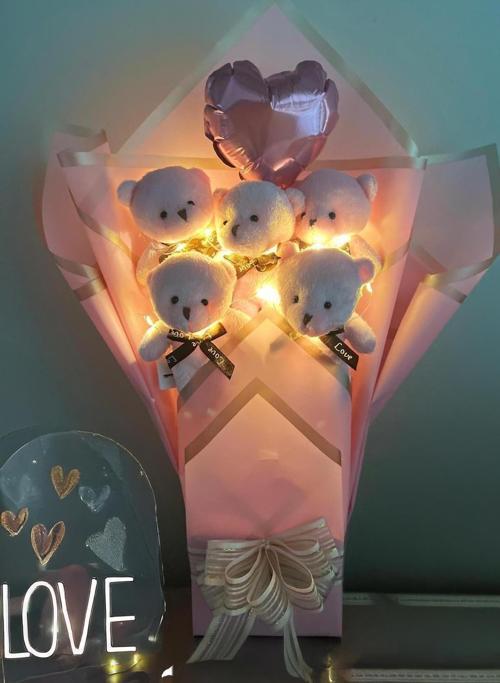 Sevgiliye Led ıŞIKLI Özel Pembe Konsept Balonlu Romantik Peluş Ayıcık Buketi