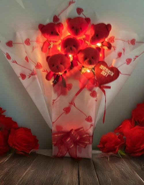  LED Işıklı, Premium Yumoş Kırmızı Peluş Ayıcık Buketi, Sevgiliye, Doğum Gününe Hediye