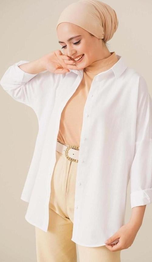 Oversize Basic Tesettür Gömlek Beyaz