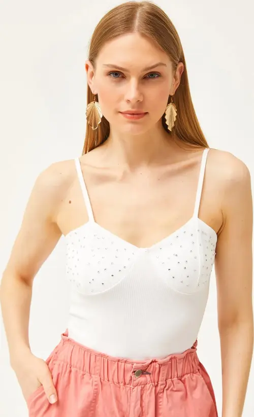 Askılı Taş Detaylı Ottoman Crop Bluz