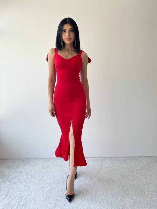 Önü Düğme Detaylı Balık Elbise