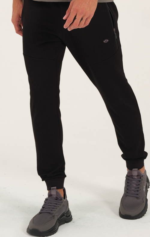 Erkek Siyah Slimfit 2 İplik 4 Mevsim Nefes Alabilen Pamuklu Pıtırcık Kumaş Spor Eşofman Altı 1879